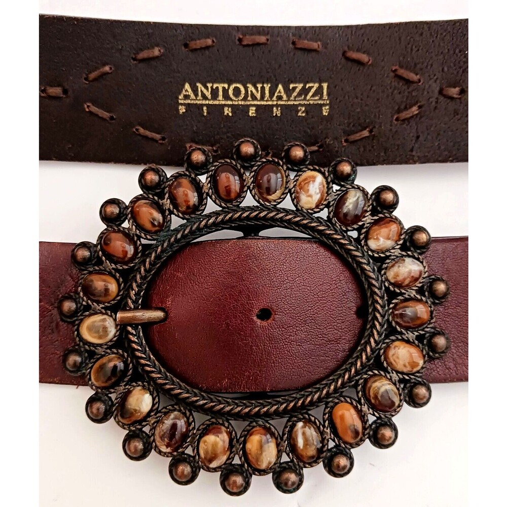 Antoniazzi Firenze Italy Agate Stones Brown Leather Belt Brass Oval Buckle Sz M